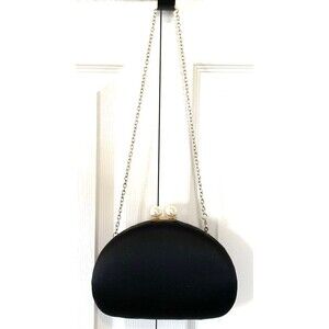 Kate Landry Little Black Formal Clutch with Pearl Clasp and Gold Colored Chain